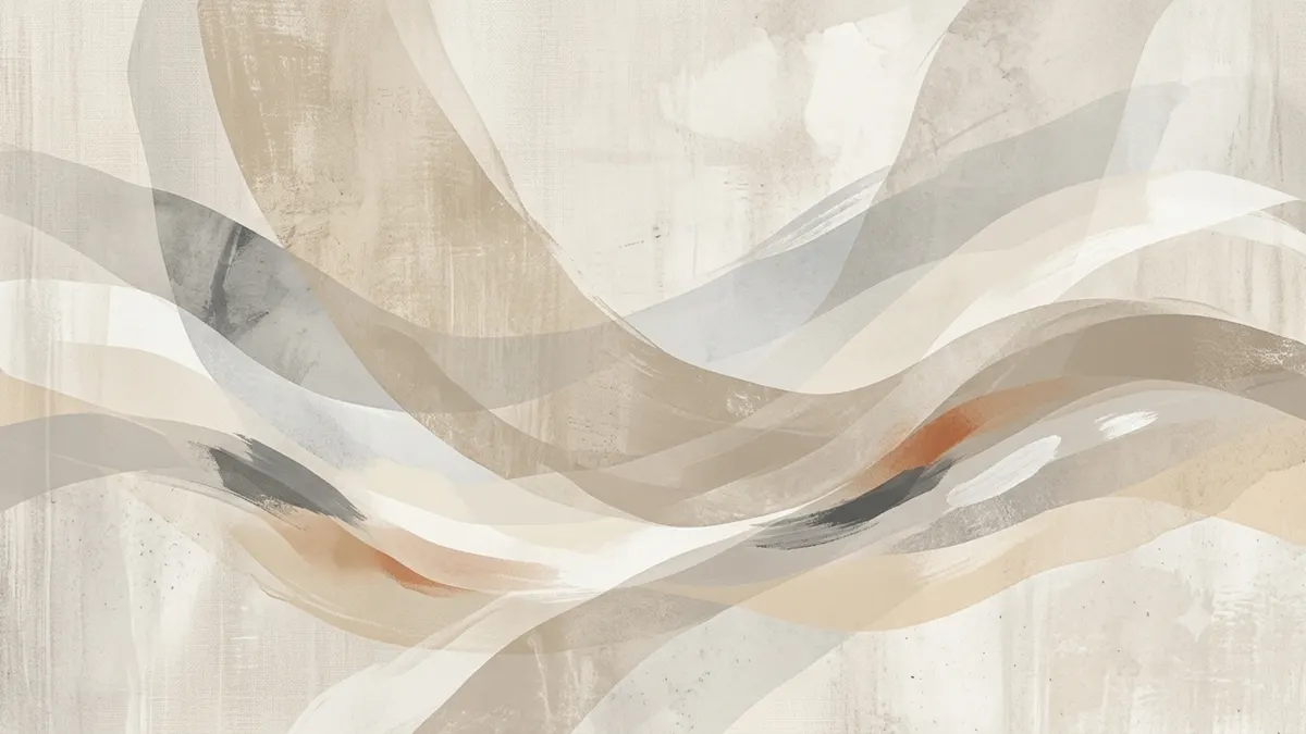 Neutral Abstract Frame TV sign — sweeping abstract brushstroke waves in beige, grey, and soft terracotta on a linen-textured background